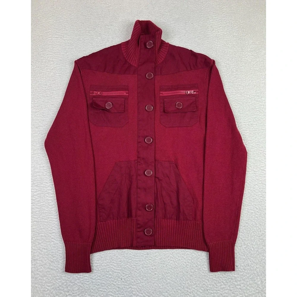 Guess Sweater Mens Large Cranberry‎ Red Button Mock Neck Utility X04R0000000